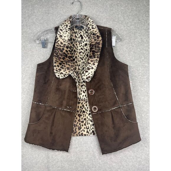 NWT Lisa International REVERSIBLE cheetah leopard & brown‎ vest, S, faux suede - Picture 11 of 16